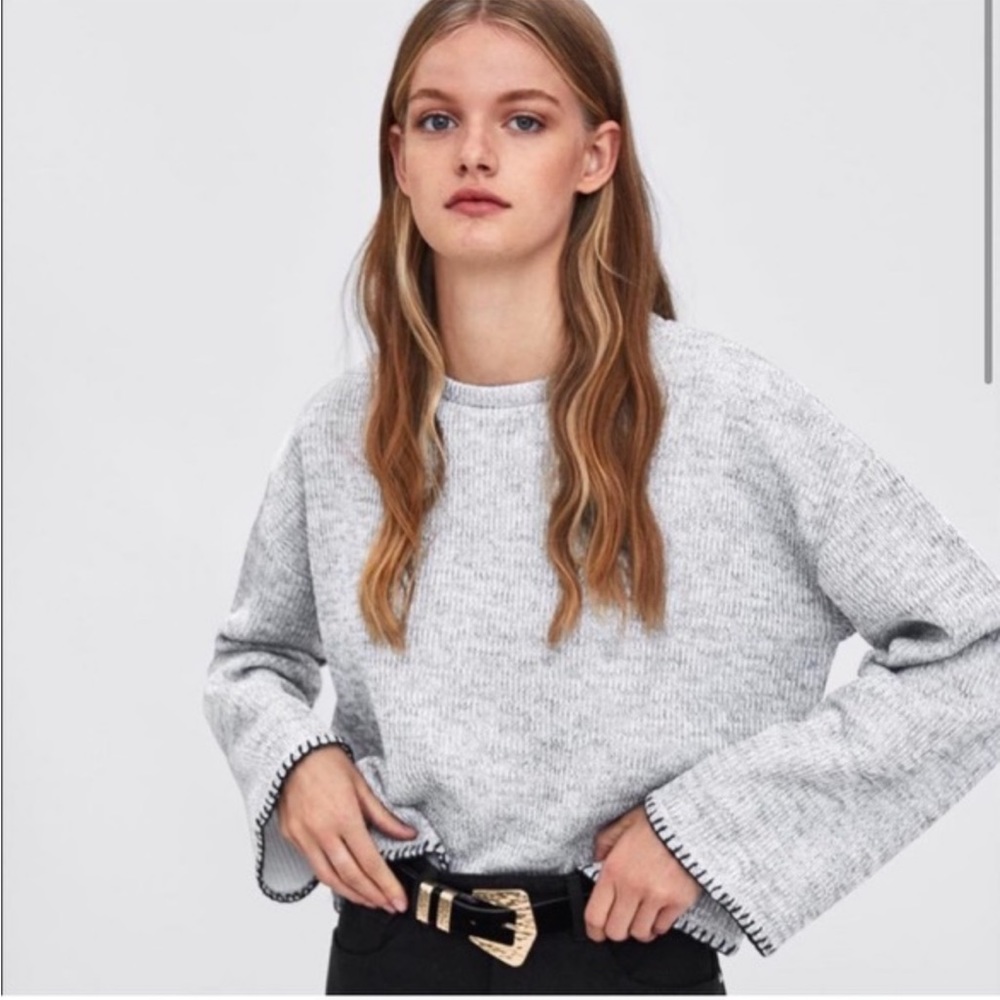Zara heathered gray whipstitch crop crewneck sweater size small